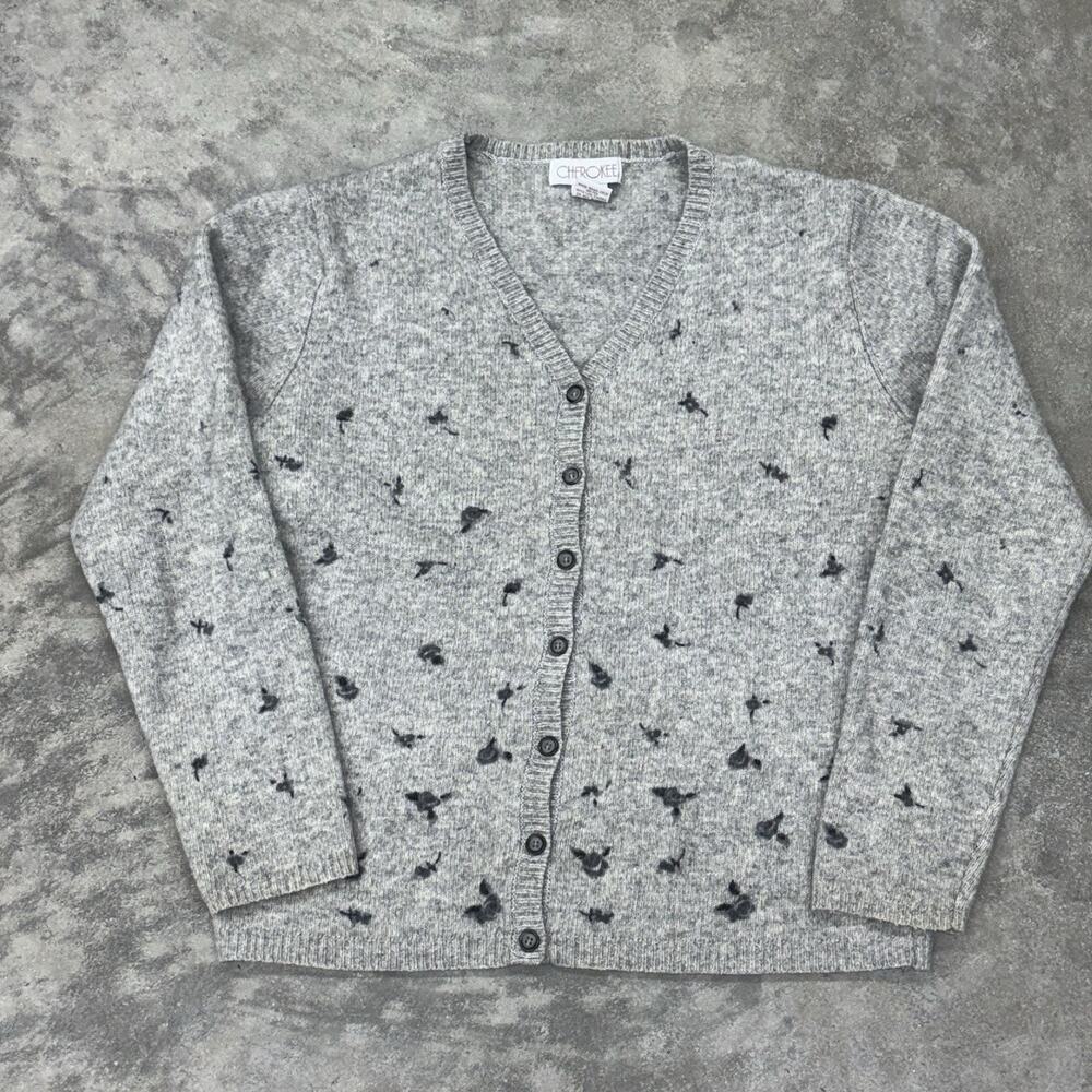 Y2K Cherokee Cardigan Lambswool Blend Grey Floral Preppy 90s Hong Kong Classic M